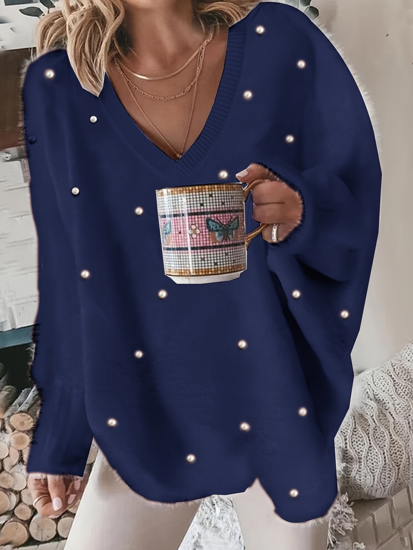 Plus Size - Women'S Cozy Yellow V-Neck Sweater with Pearl Buttons & Fleece-Lined Cuffs - Asymmetrical Hem, Geometric Pattern, Casual Winter Pullover for Casual Attire, Winter Apparel | Vneck Sweater | Pearl Button Details, Sw