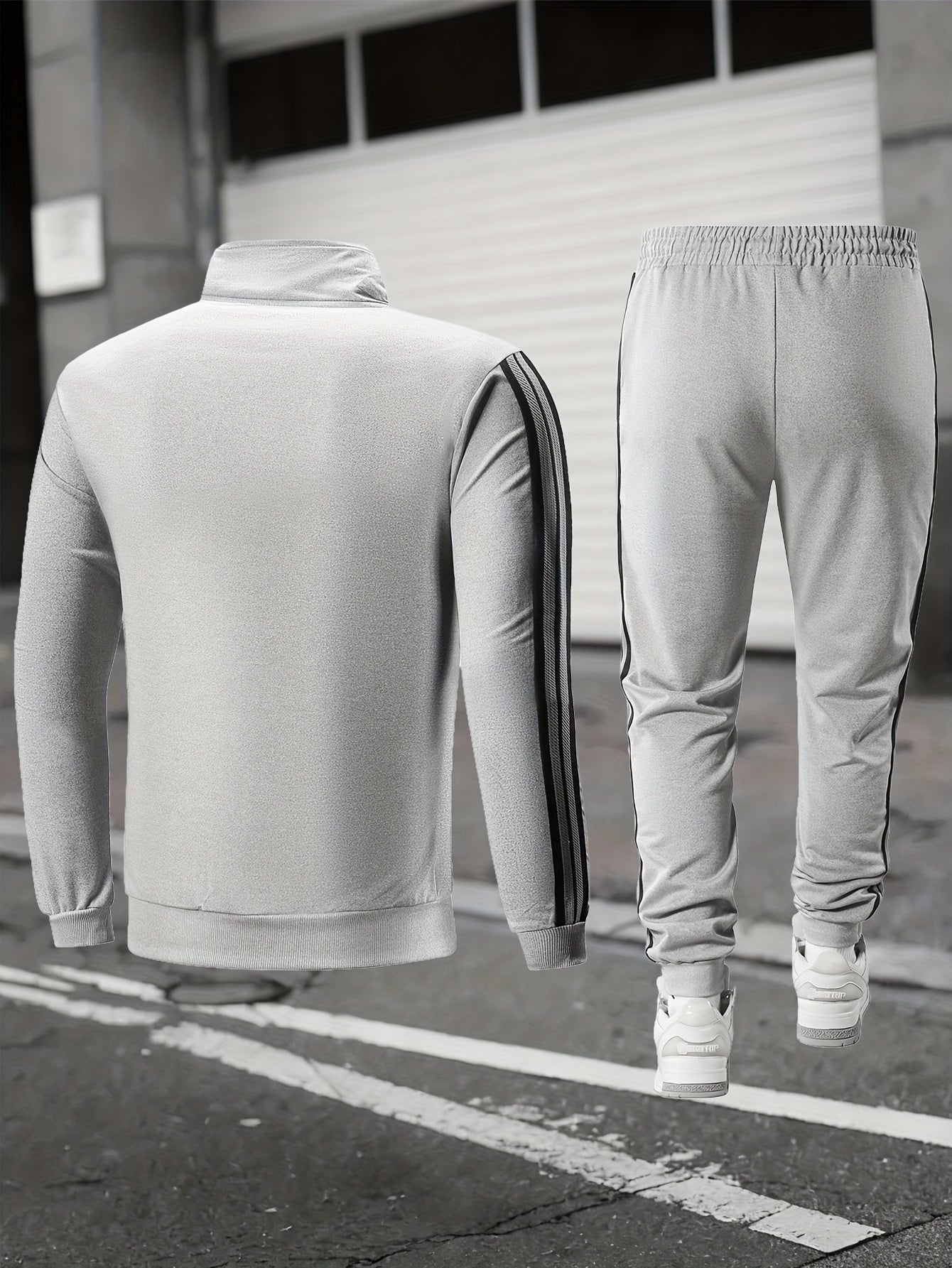 Casual Print Full-Zip Men'S Sportswear Set, Suitable for Gym Workouts And Running, Includes a Long-Sleeve Stand-Up Collar Jacket And Elastic Waist Joggers in a 2pcs Set