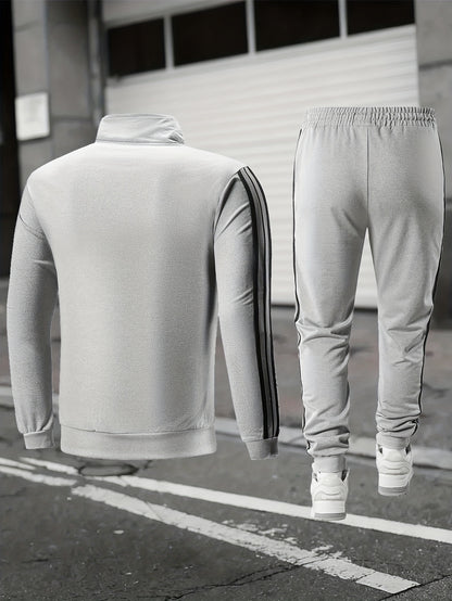 Casual Print Full-Zip Men'S Sportswear Set, Suitable for Gym Workouts And Running, Includes a Long-Sleeve Stand-Up Collar Jacket And Elastic Waist Joggers in a 2pcs Set