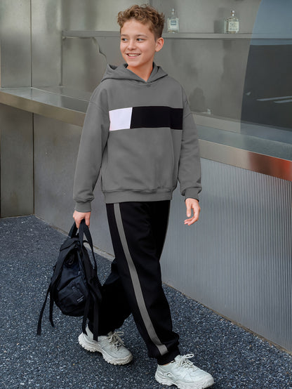 2pcs Boys' Winter Hooded Sweatsuit & Pants - Warm Sweater Outfit with Matching Long Pants, Colorblock Hoodie (Suitable for & Big Kids) - Machine Washable 2pcs set, Perfect for Outdoor