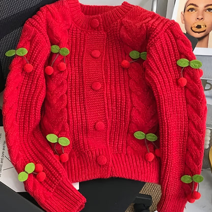 Women'S Purple Cable Cardigan with Cherry & Leaf Embellishments - Cozy Button-Up Sweater for Fall & Winter, Soft & Stylish Design, Perfect for Casual or Holiday Outfits, Winter Cardigan | Cable Cardigan | Buttoned Closure, Sw