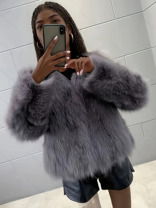 Women's Elegant Faux Fur Coat - Soft Plush Winter Coat with PU Finish, Solid Color Fall/Winter Outerwear, Hand Wash/Dry Clean, Non-Stretch Casual to Formal Wear