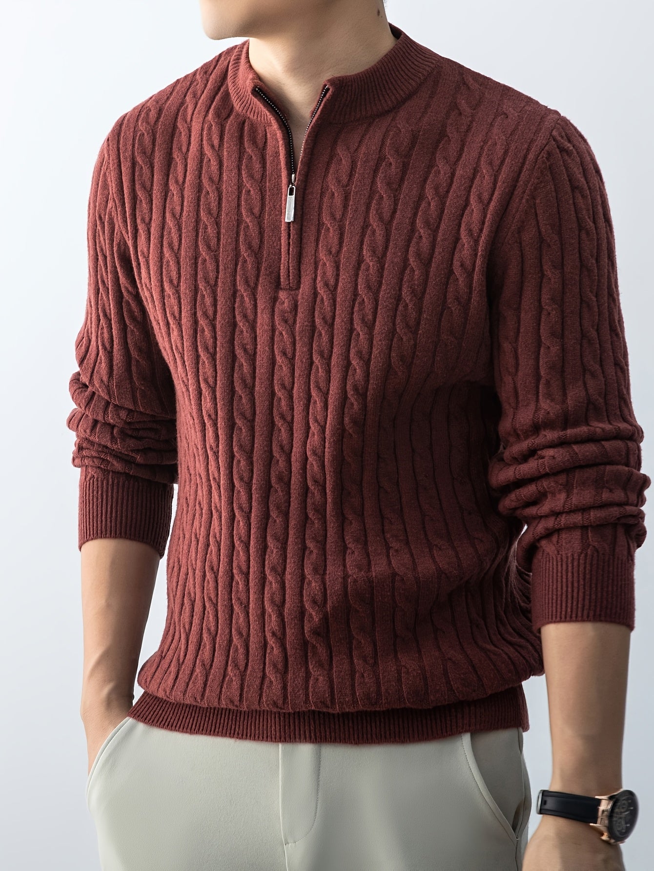 Men's Autumn Winter Zip Collar Pullover Sweater with Velvet