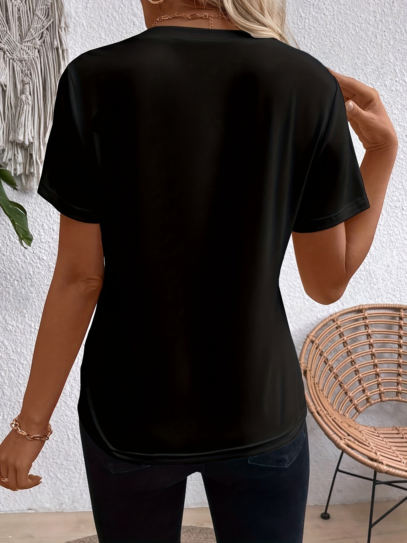 Women'S Black T-Shirt with Golden Heart Design - Casual Short Sleeve Top, Crew Neck, Regular Length, Summer Tea Party Attire, Casual Summer Wear | Heart Design | Smooth Texture Fabric