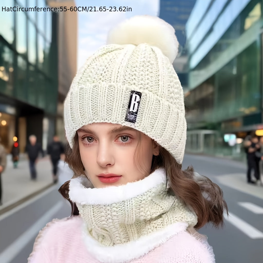 New Year's Acrylic Knit Beanie with Pom-Pom and Matching Scarf Set - Breathable, Elastic, Thermal Knitted Cap and Neck Warmer for Women with Toggle Closure - Hand Washable
