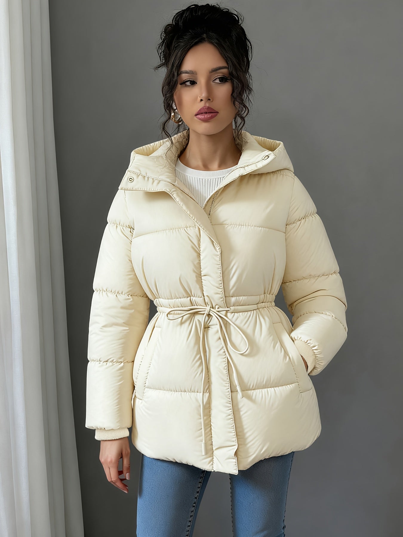 Women'S Elegant Black Puffer Jacket - Mid-Length Loose Fit with Adjustable Drawstring Waist, Long Sleeves, and Front Zipper, Casual Winter Outerwear for Cold Weather, Winter Jacket