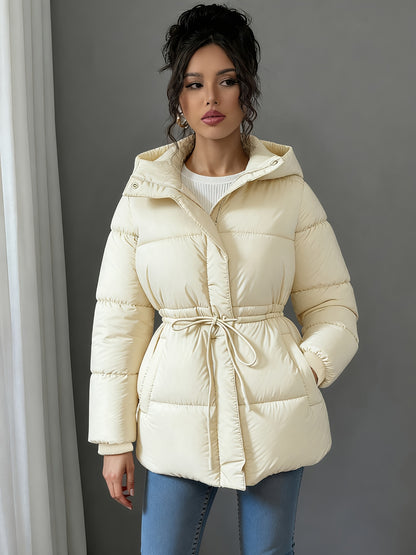 Women'S Elegant Black Puffer Jacket - Mid-Length Loose Fit with Adjustable Drawstring Waist, Long Sleeves, and Front Zipper, Casual Winter Outerwear for Cold Weather, Winter Jacket