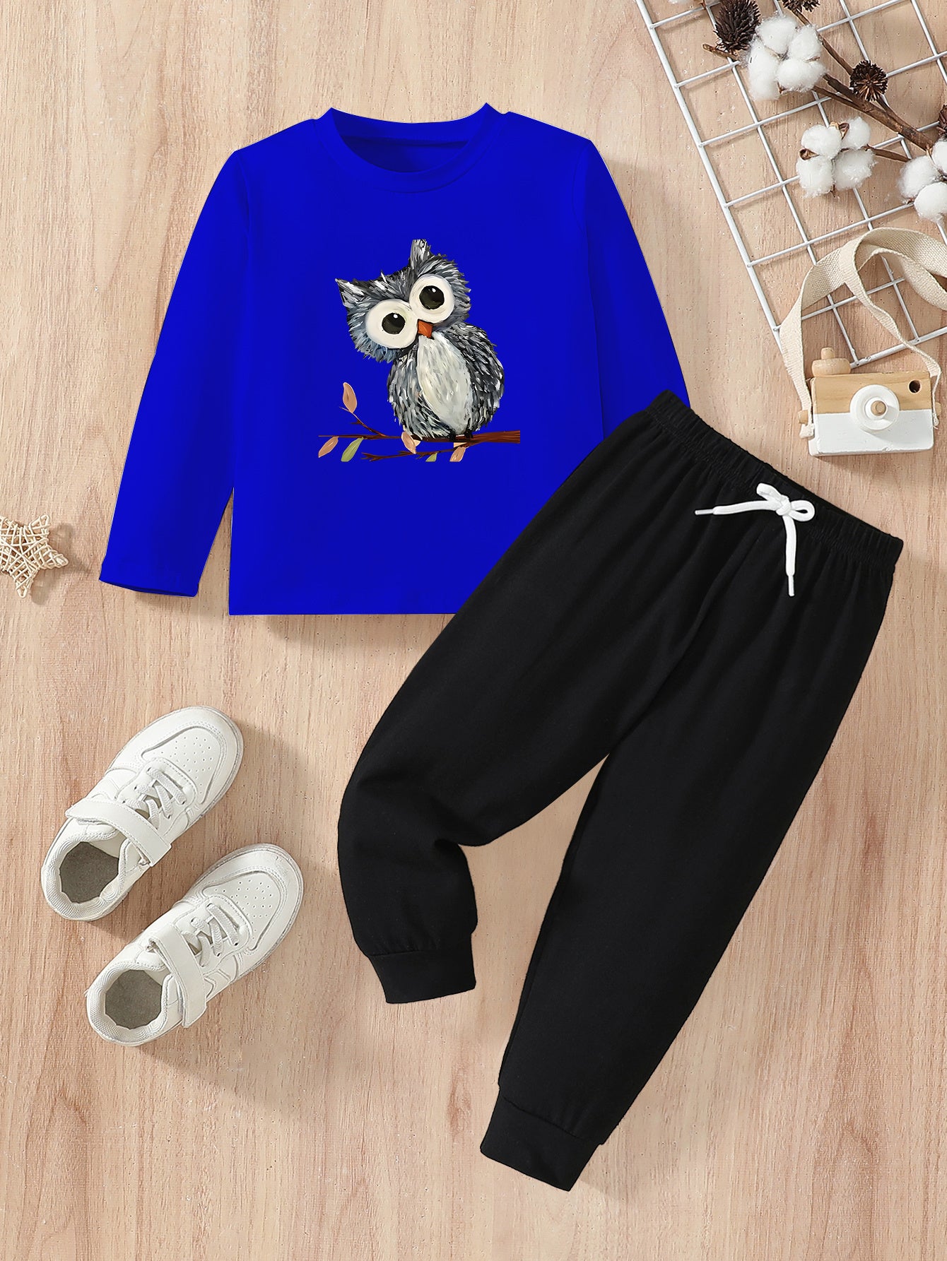 Boys' Casual Cotton Owl Print Long T-Shirt & Pants Set for Fall/Winter