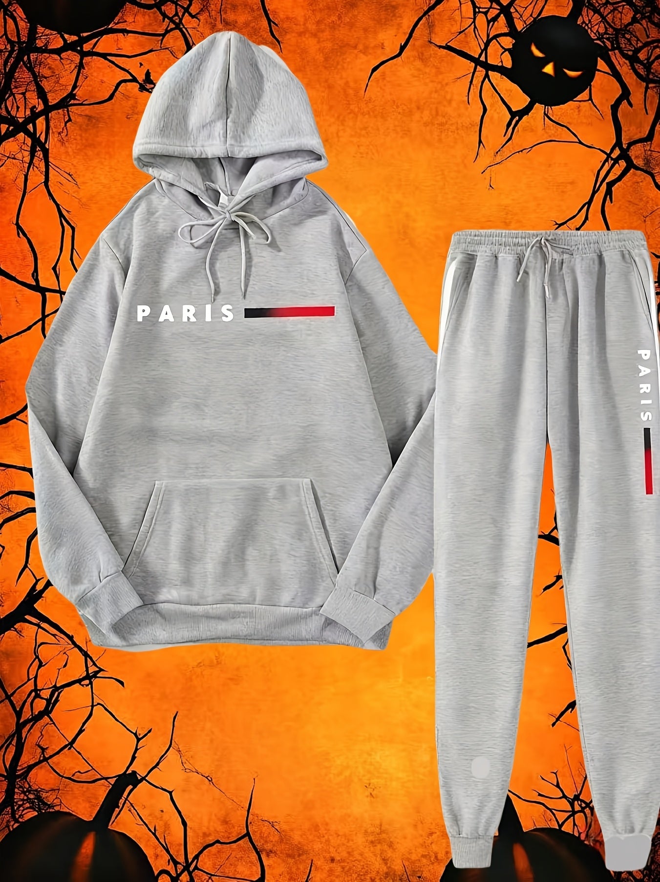 Halloween Men'S Hoodie with PARIS Lettering And Drawstring Sweatpants Set, a Must-Have Outfit for Autumn And Winter, Perfect for Everyday Outdoor Wear