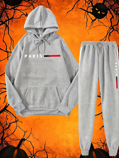 Halloween Men'S Hoodie with PARIS Lettering And Drawstring Sweatpants Set, a Must-Have Outfit for Autumn And Winter, Perfect for Everyday Outdoor Wear