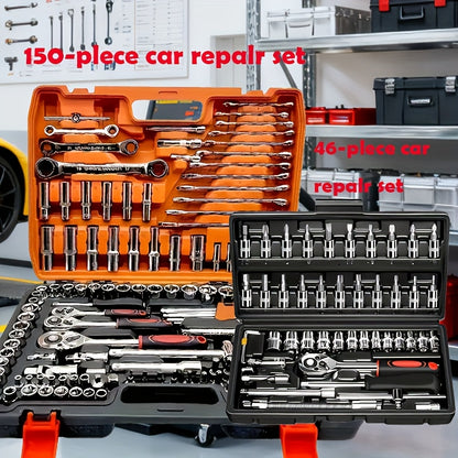151/46pcs Automotive And Motorcycle Repair Tool Kit - Made of Durable Chrome Vanadium Steel, Includes Ratchet Wrenches And Screwdrivers.