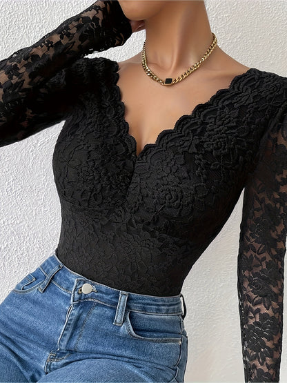 Stylish Deep V Backless Lace Rose Print Sheer Fitted Long Sleeve Bodysuit 10717