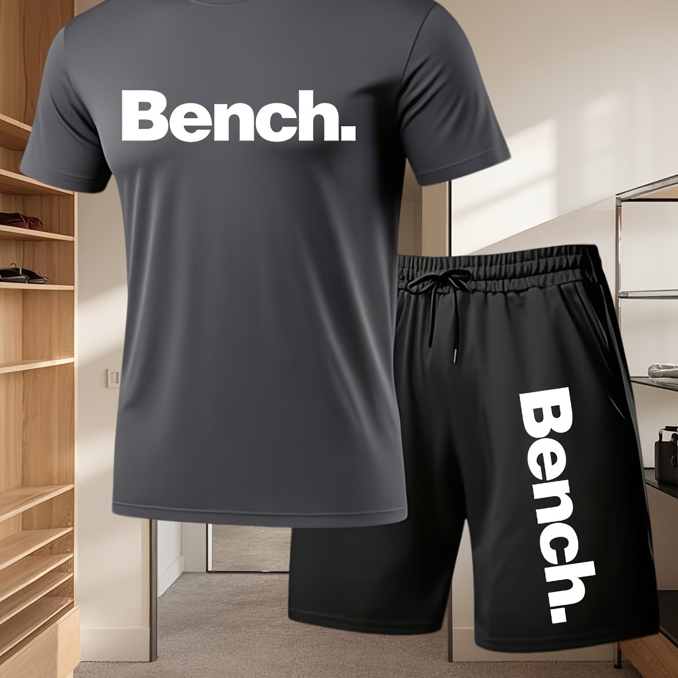 Summer Men'S Casual Sports Short Sleeve T-Shirt and Shorts Set, Comfortable Breathable, Suitable for Outdoor Jogging Running Fitness, Bench. Letter Print Design - 2pcs