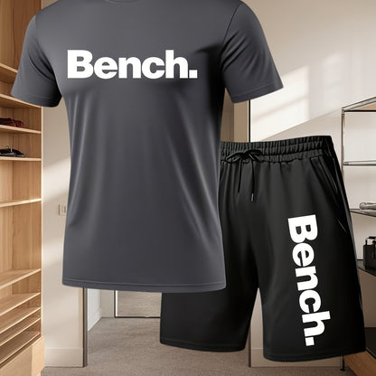 Summer Men'S Casual Sports Short Sleeve T-Shirt and Shorts Set, Comfortable Breathable, Suitable for Outdoor Jogging Running Fitness, Bench. Letter Print Design - 2pcs