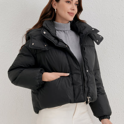 Women'S Lightweight Hooded Jacket - Warm Winter Coat with Full-Zip Closure, Stand Collar, Outer Shell - Easy-Care Cold Weather Outerwear for Everyday & Formal, Winter Jacket, Casual Winter Wear, Highneck Design, Durable Winte