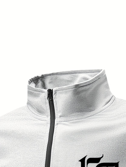 Casual Print Full-Zip Men'S Sportswear Set, Suitable for Gym Workouts And Running, Includes a Long-Sleeve Stand-Up Collar Jacket And Elastic Waist Joggers in a 2pcs Set