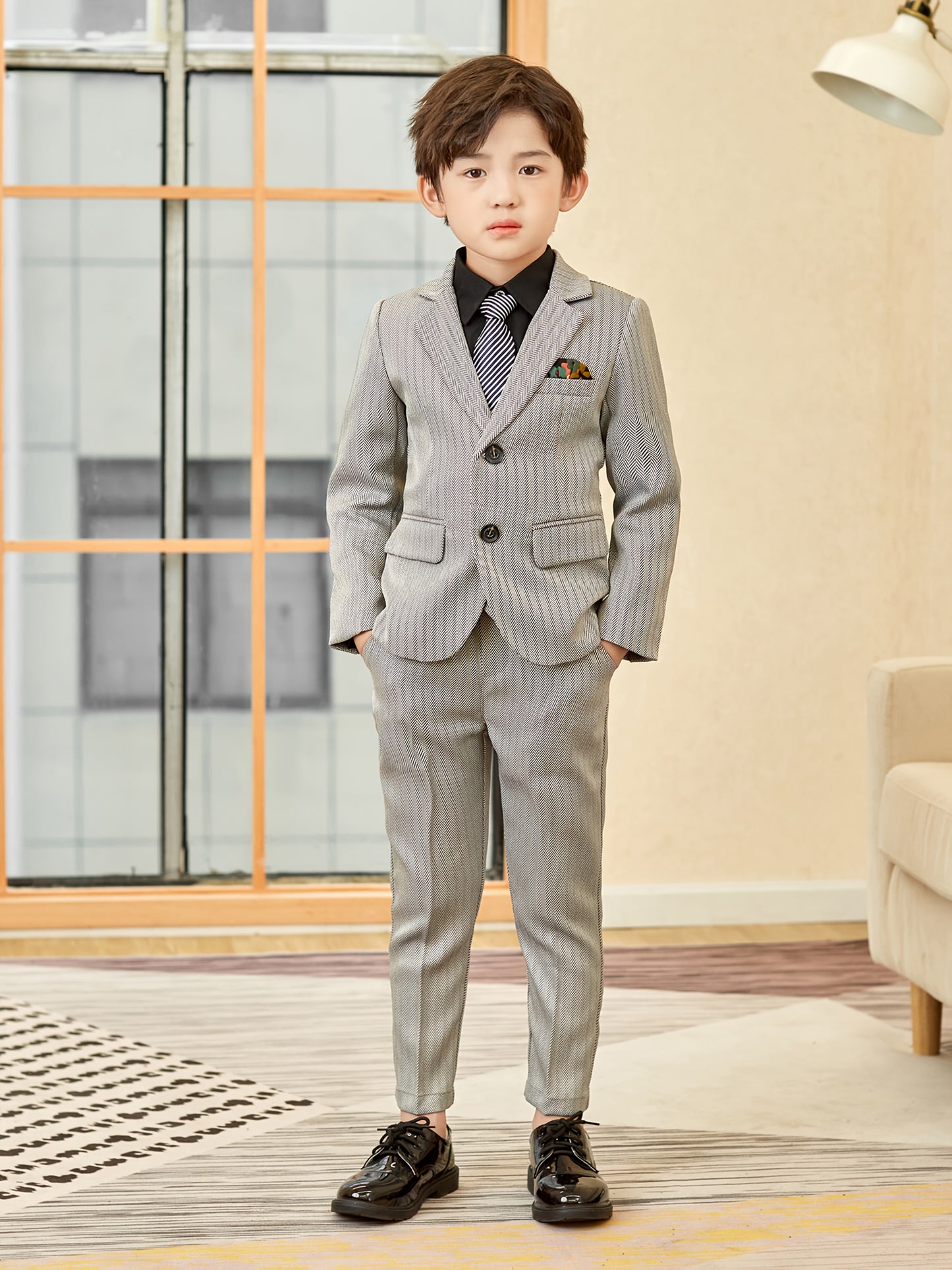 Boys' 3-Piece Striped Suit Set with Jacket, Pants & Tie