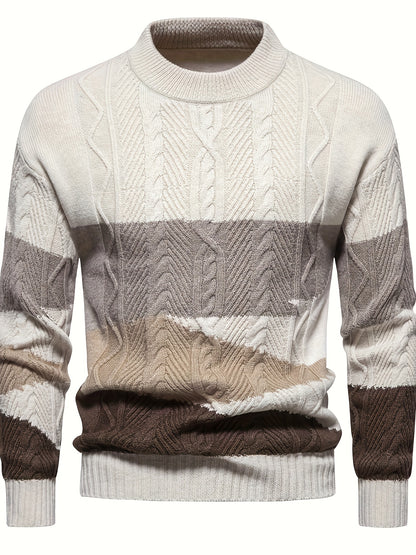 Men's Stylish Solid Knitted Pullover, Casual Mid Stretch Breathable Long Sleeve Crew Neck Top For City Walk Street Hanging Outdoor Activities