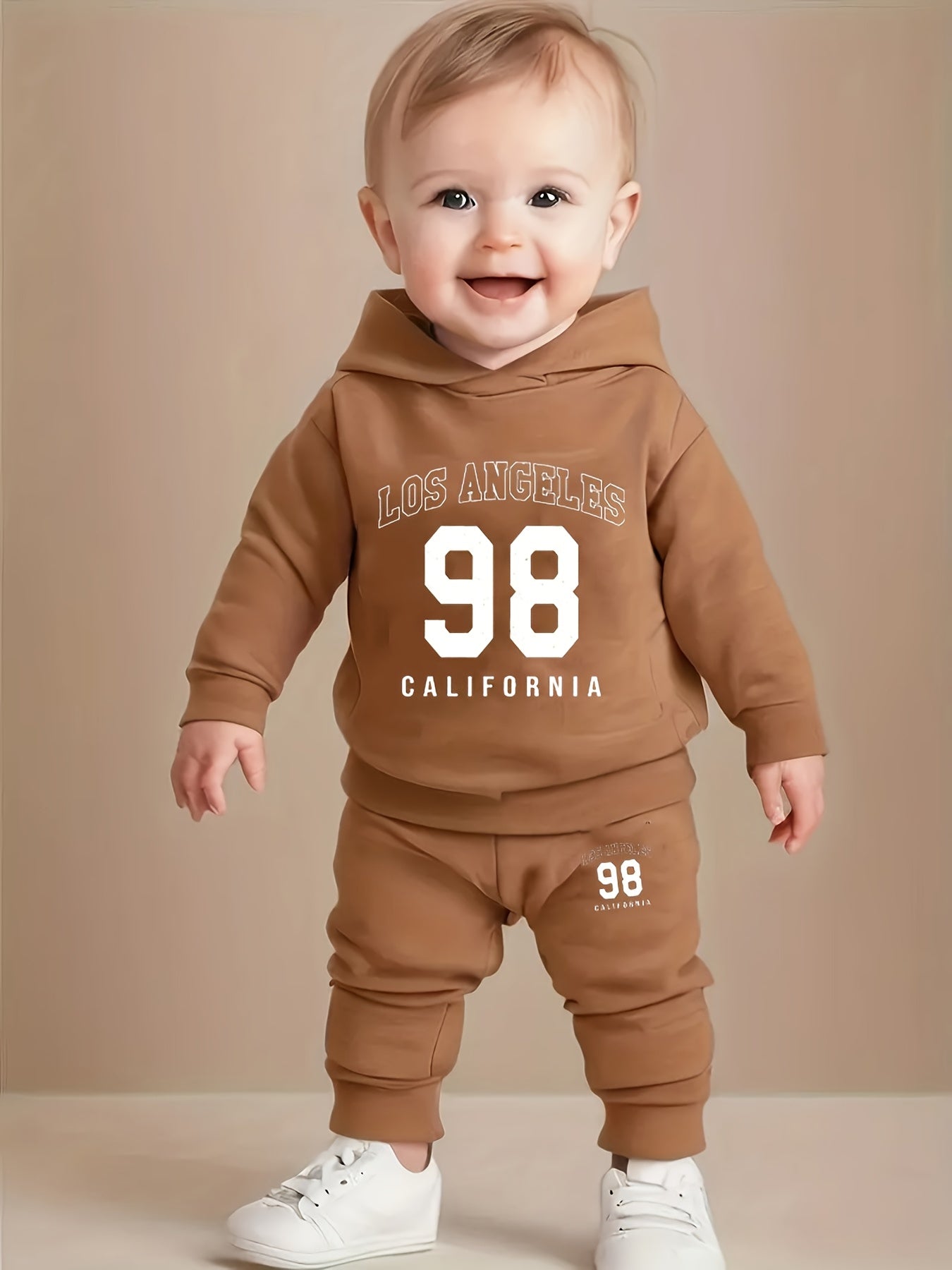 Newborn Baby Boy's Long Sleeve Fleece Hooded Sweatshirt with Number and Letter Pattern + Casual Sports Pants Set for Autumn and Winter Outdoor Wear, Perfect for Outdoor