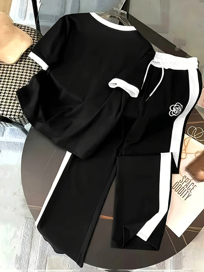 Women's Casual Color Block 2-Piece Suit with Lightweight Pants