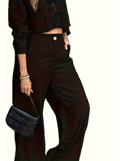 Solid Color Long Sleeve Top and High-Waisted Pants Women's Outfit