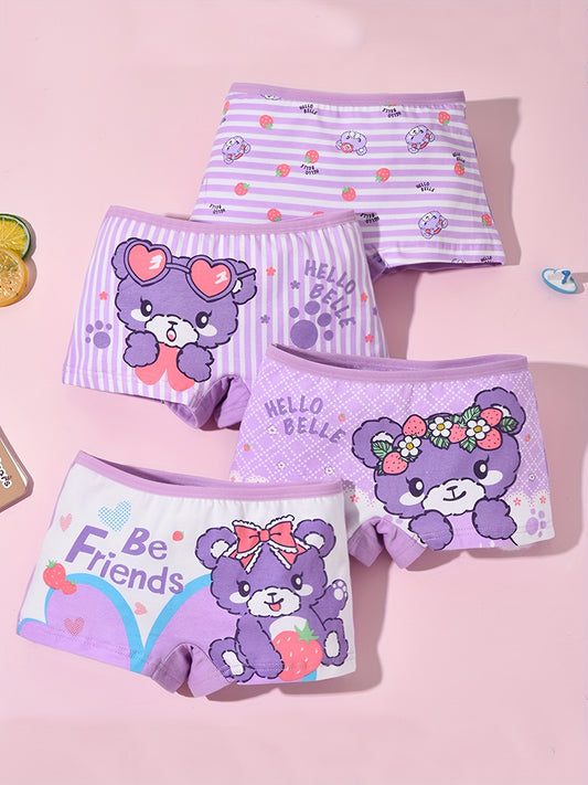Girls' Cute Cartoon Bear & Mermaid Cotton Boxers 4-Pack