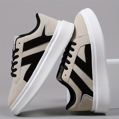 Men's Casual Athletic Sneakers - Comfortable Low-Top Lace-Up Shoes with Geometric Design, Black  Beige, EVA Sole, Microfiber Upper for Casual Attire and Sports