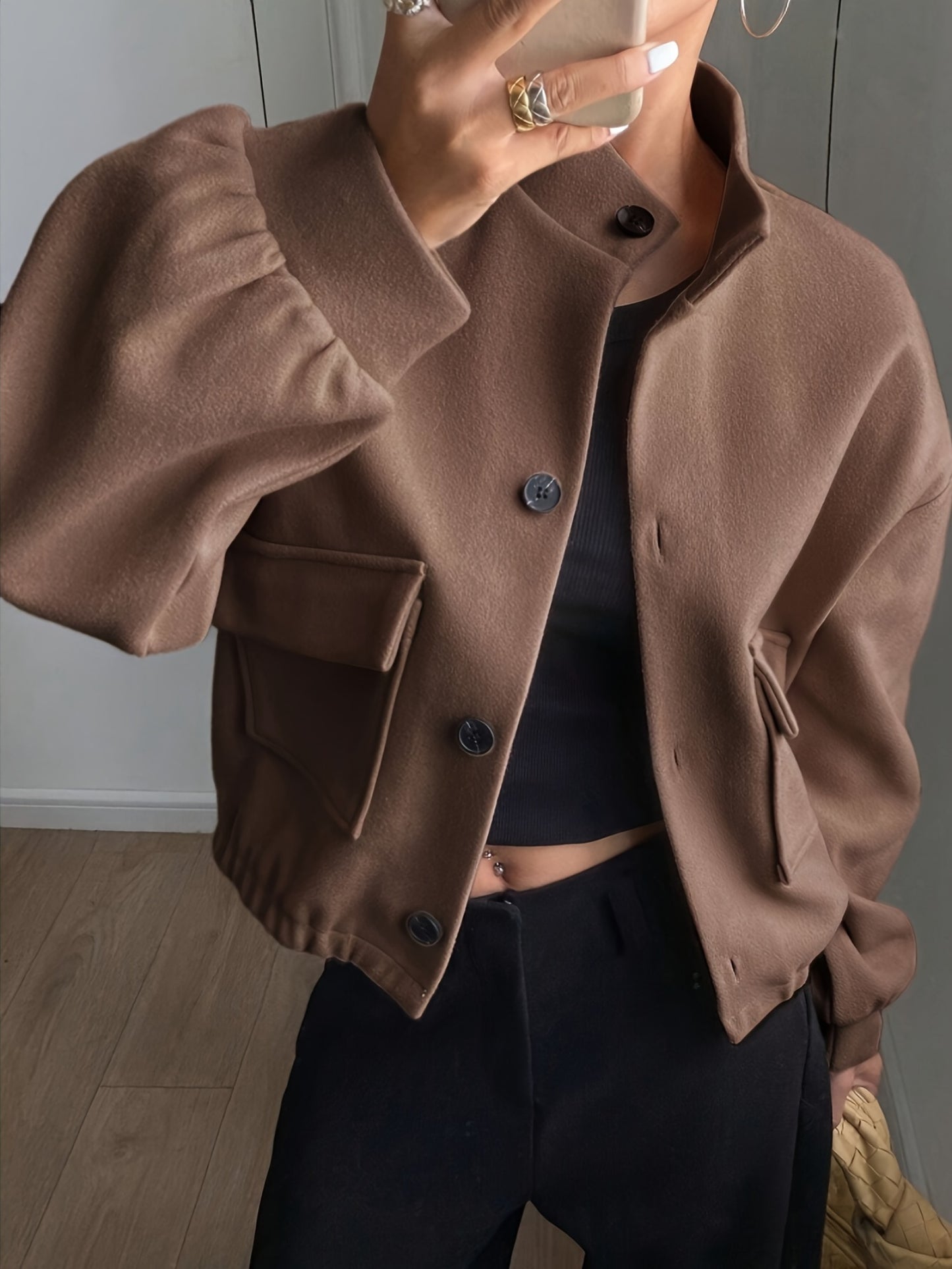 Women'S Elegant Brown Fleece Jacket - Winter Coat with Single-Breasted Button Front, Long Sleeve Tunic Length, Machine Washable & Wrinkle-Resistant, Cozy Outerwear For Fall/winter, Casual To Formal Events, Winter Jacket For W