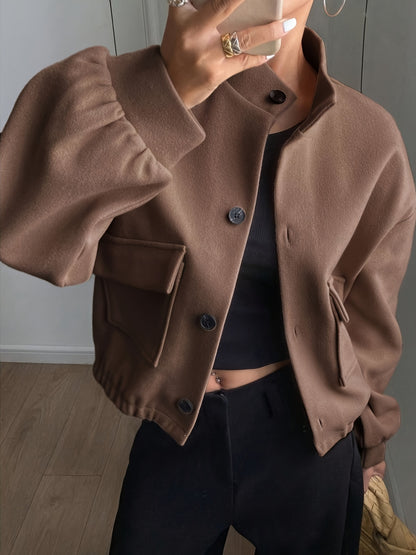 Women'S Elegant Brown Fleece Jacket - Winter Coat with Single-Breasted Button Front, Long Sleeve Tunic Length, Machine Washable & Wrinkle-Resistant, Cozy Outerwear For Fall/winter, Casual To Formal Events, Winter Jacket For W