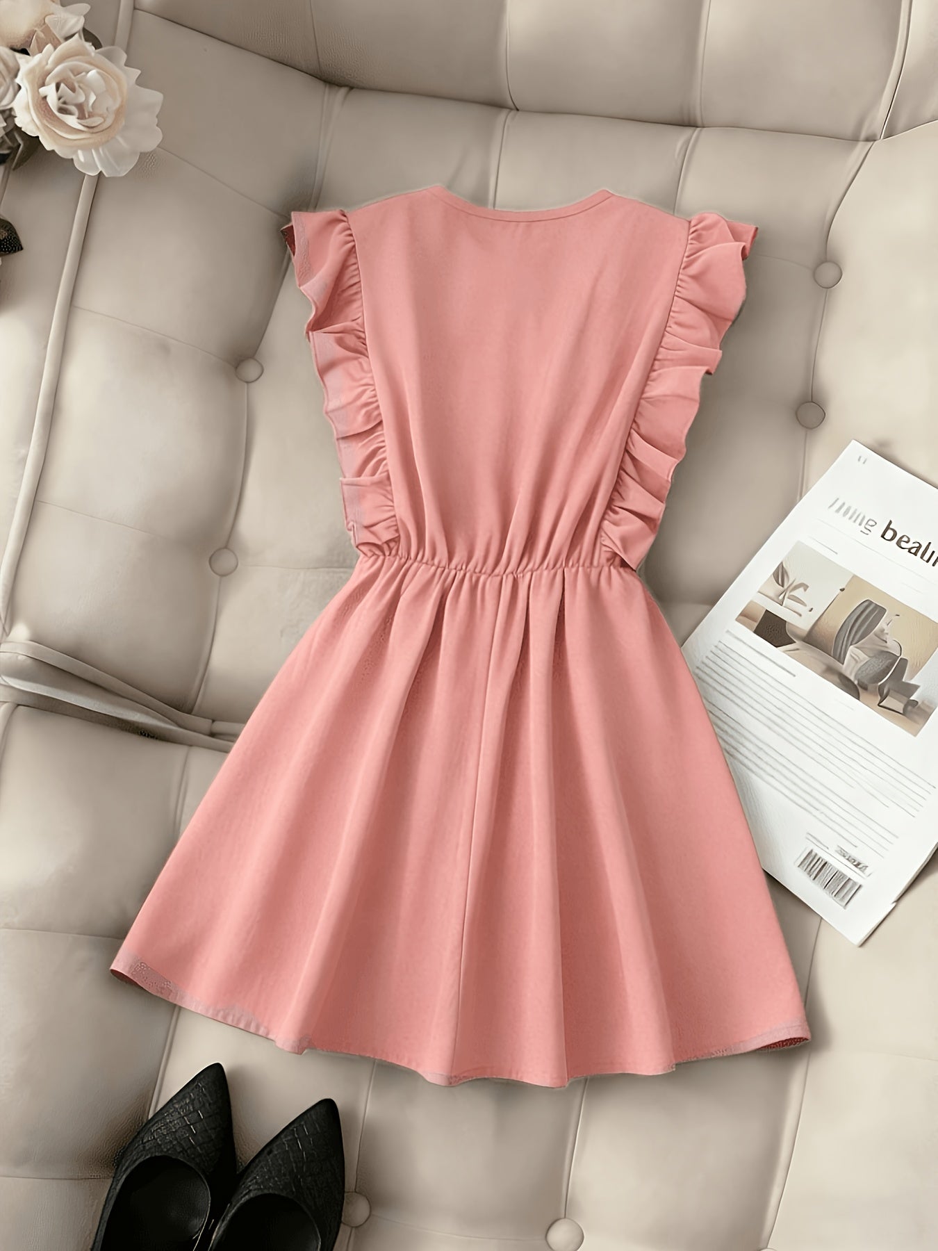 Vintage Waist-Cinching Solid Ruffle Mini Dress for Women