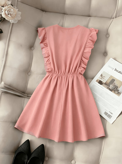 Vintage Waist-Cinching Solid Ruffle Mini Dress for Women