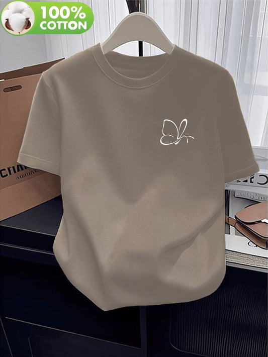 Women's Casual Cotton T-Shirt with Butterfly Applique, Lightweight Fit - ayq