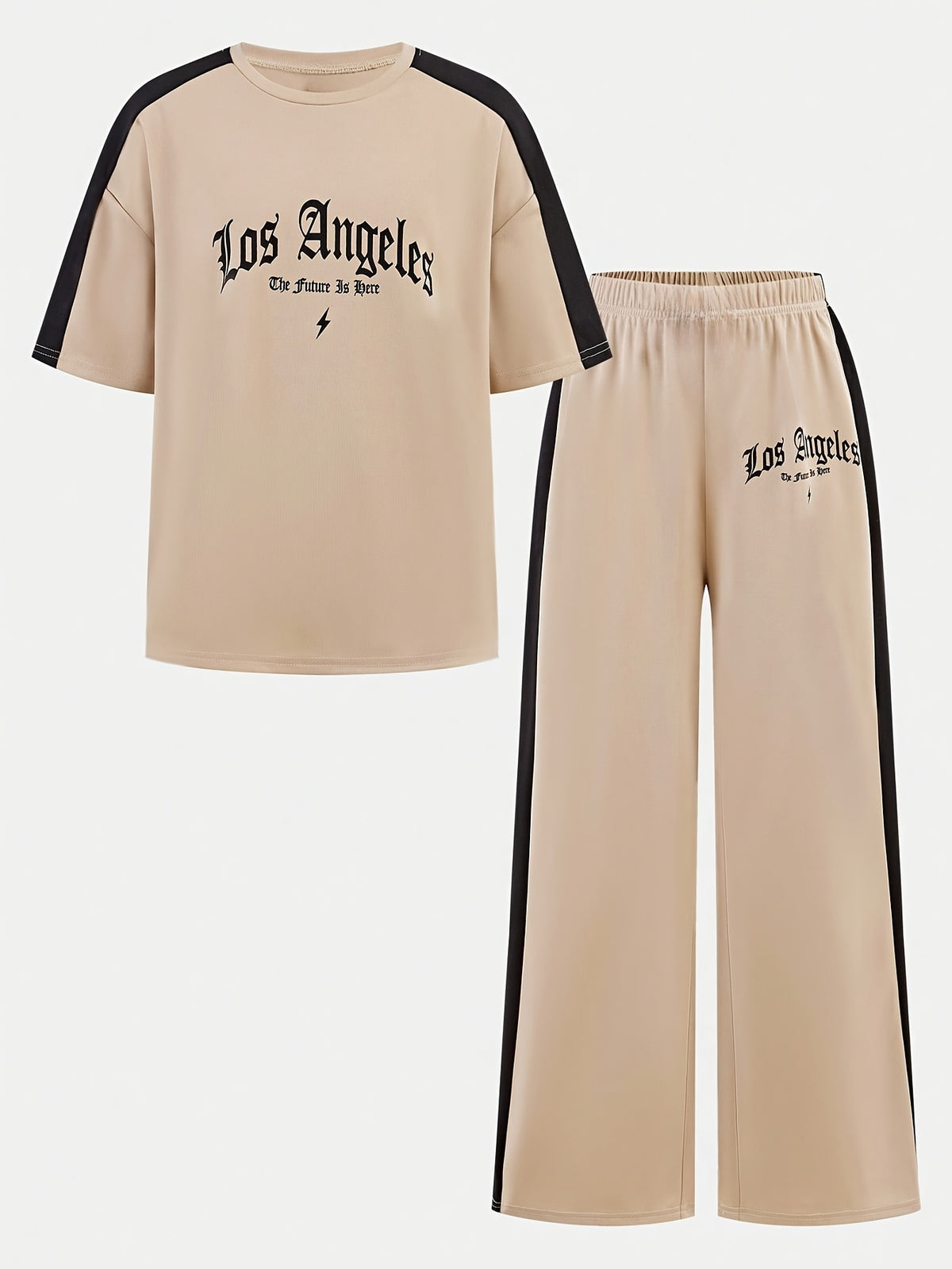 Girls' Casual Two-Piece Set with Loose Top & Wide-Leg Pants