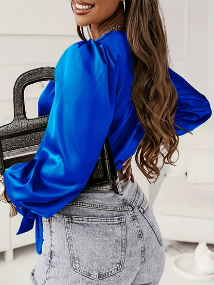 Cross-Neck Belted Shirt BK052832, Elegant Long-Sleeve Crop Top for Spring and Autumn Women's W0124