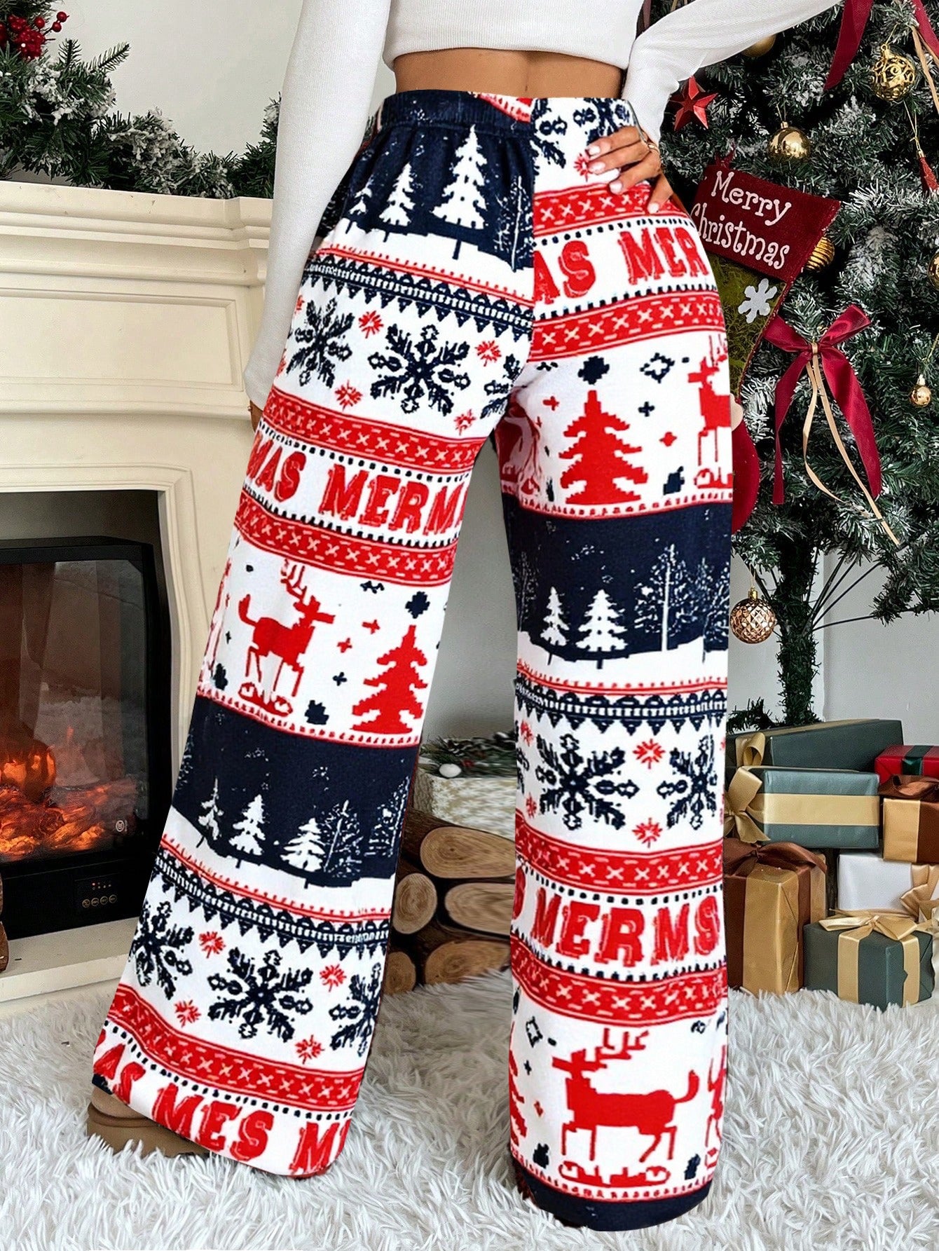 Women'S Winter Warmth Pants - Cozy Fleece-Lined Wide-Leg Trousers with Elastic Waist & Cuffed Hem, Red & Snowflake & Reindeer Print, Bohemian Style For Cold Weather, Winter Pants, Cold Weather Apparel, Soft Fabric Trousers, L