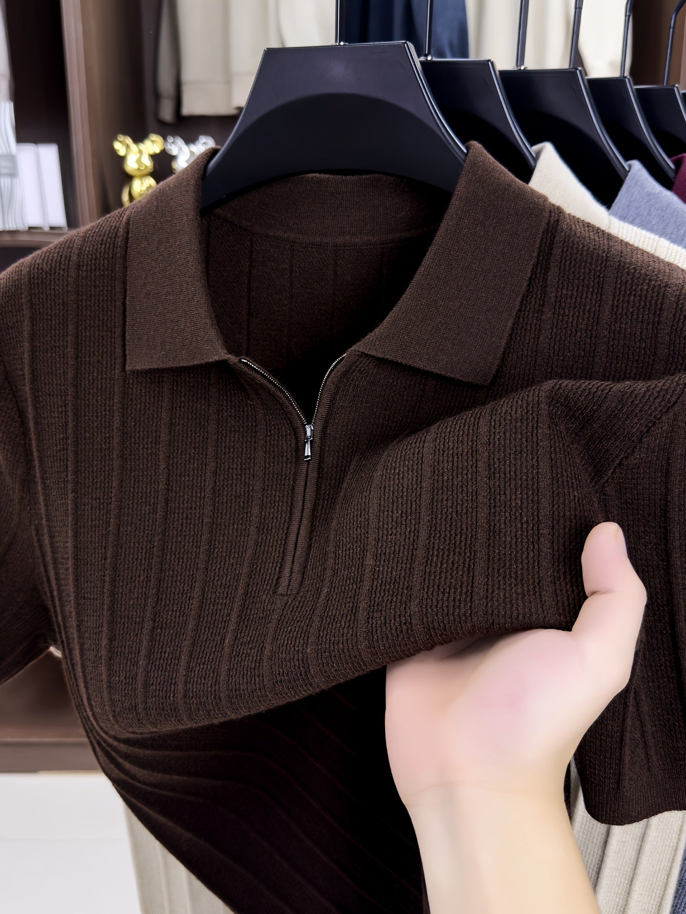 Men's Spring/Fall Knit Polo Shirt with Half-Zip Lapel