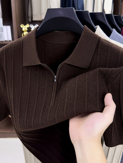 Men's Spring/Fall Knit Polo Shirt with Half-Zip Lapel