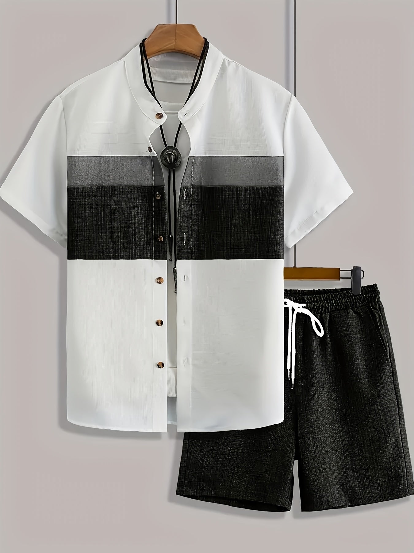 Men's Casual Summer Set: Stand Collar Shirt & Drawstring Shorts