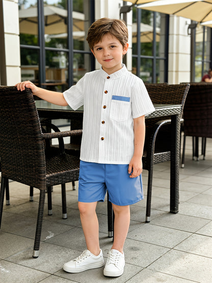 Boys' Summer Casual Shirt & Woven Shorts Set - Lightweight Polyester