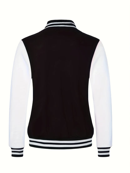 Men'S Casual Baseball Jacket - Stylish Black with White Stripes, Button-Up, Long Sleeve, Perfect for Spring & Fall, Casual Attire, Casual Wear|Baseball Jacket| Constructio