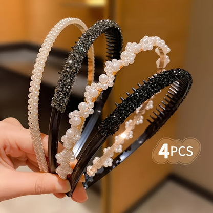 Boho Pearl & Rhinestone Headbands - Set of 4 or 6 for Women