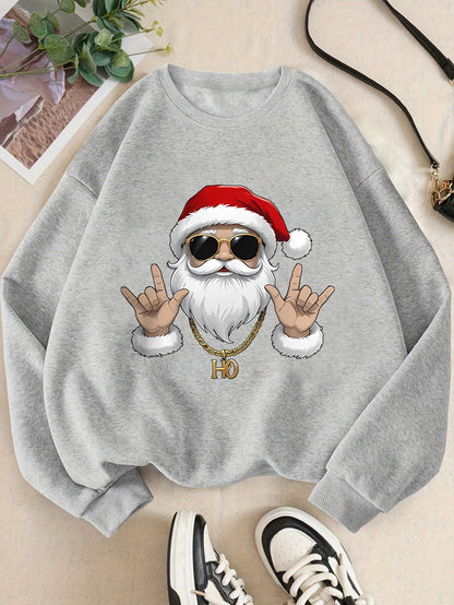 Women's Elegant Christmas Santa Claus Graphic Print Fleece-Lined Sweatshirt - Long Sleeve Round Neck Pullover with Golden Accents, Machine Washable Holiday Party Casual Top, Christmas Sweatshirt, Festive Clothing, Hiphop Styl