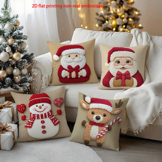 4pcs- Digital Print Single-Sided Polyester Pillowcase with Festive Designs (Pillow core not included) Holiday Decoration Home Decor Sofa Pillow Cover, Modern Sofa Square Decorative Cushion Cover Merry Christmas/Happy New Year