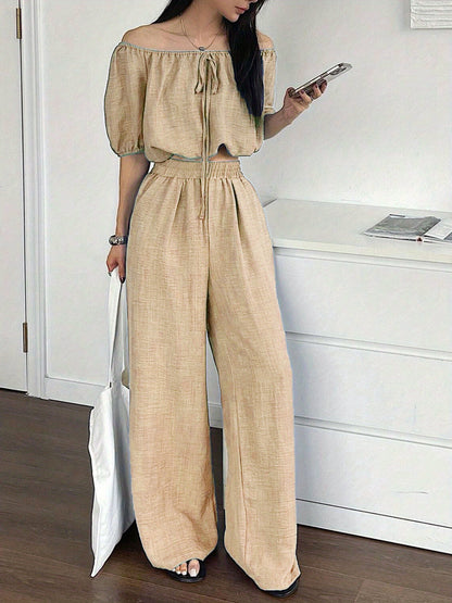 Women's Summer Solid Color Off-Shoulder Puff Sleeve Crop Top and Loose Wide-Leg Pants Two-Piece Set