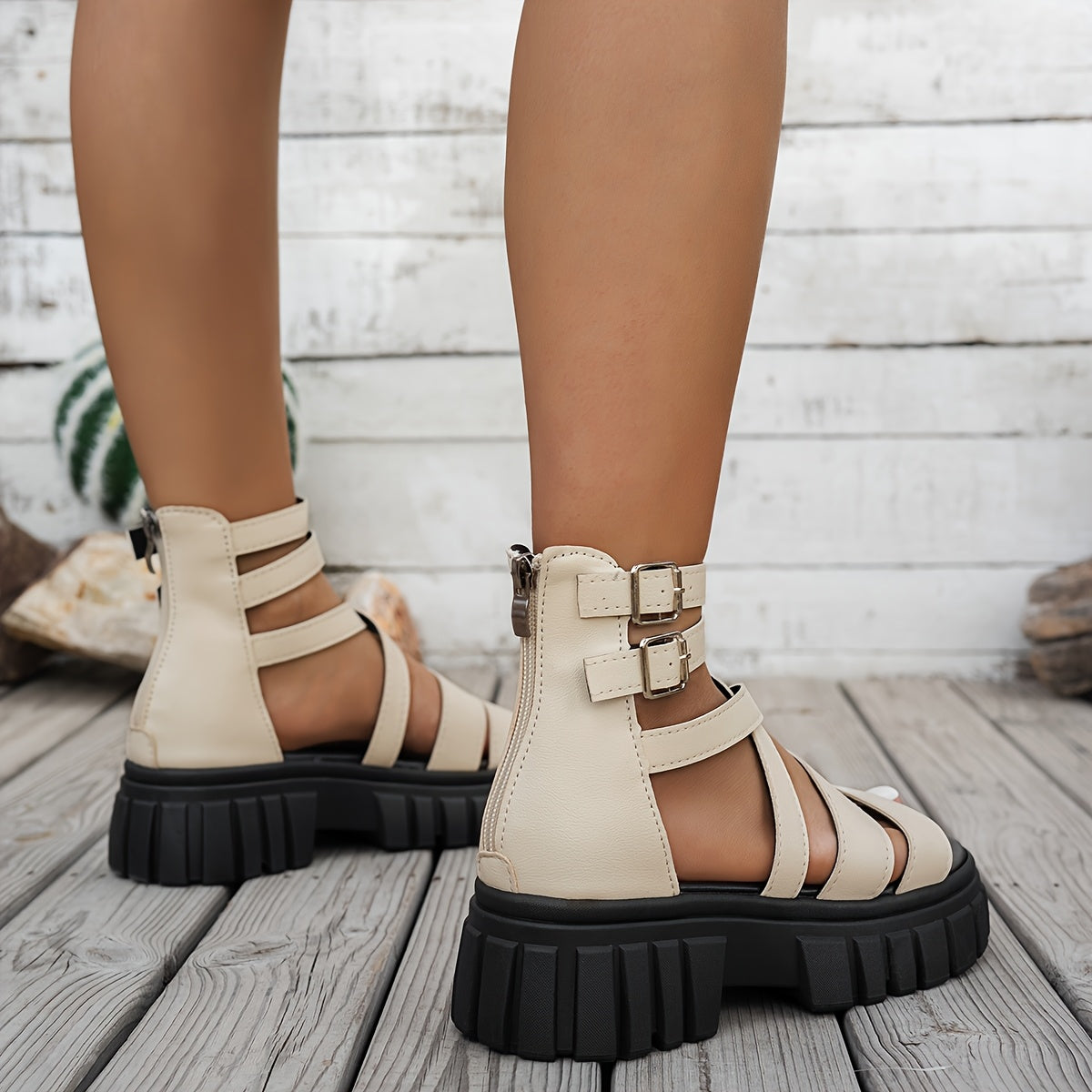Plus Size Platform Sandals with Back Zipper and Cross Strap