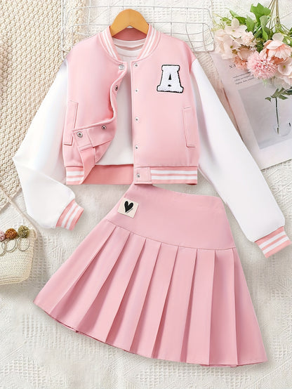 Girls' Preppy Baseball Collar Top and Pleated Skirt Set