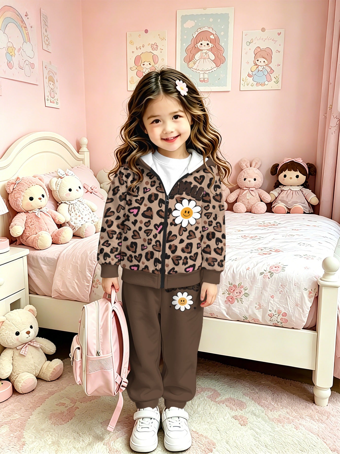 Girls Leopard Print Zip-Up Hoodie Set Lightweight Casual Outfit