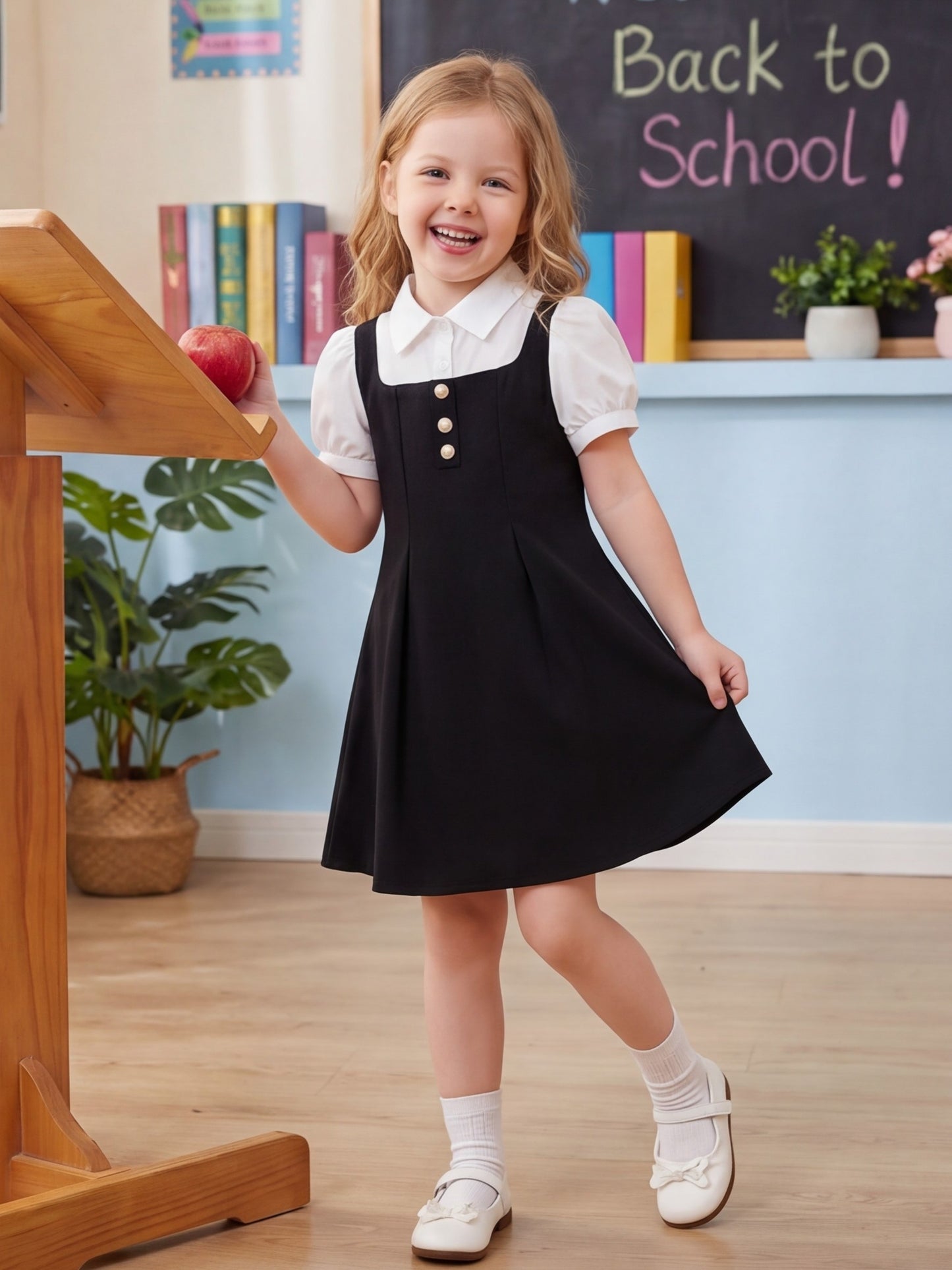 Girls' Preppy Collared Dress Summer Pleated Hem 80-120