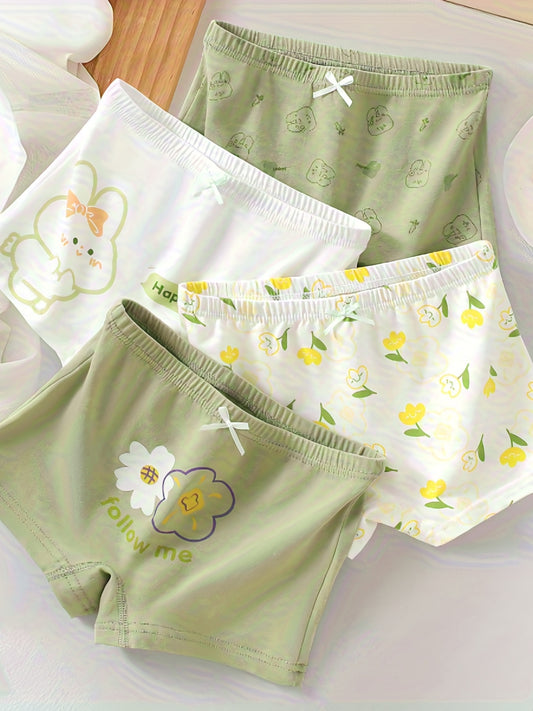 Girls' Cotton Boxer Underwear with Cute Rabbit Prints - 4 Pack