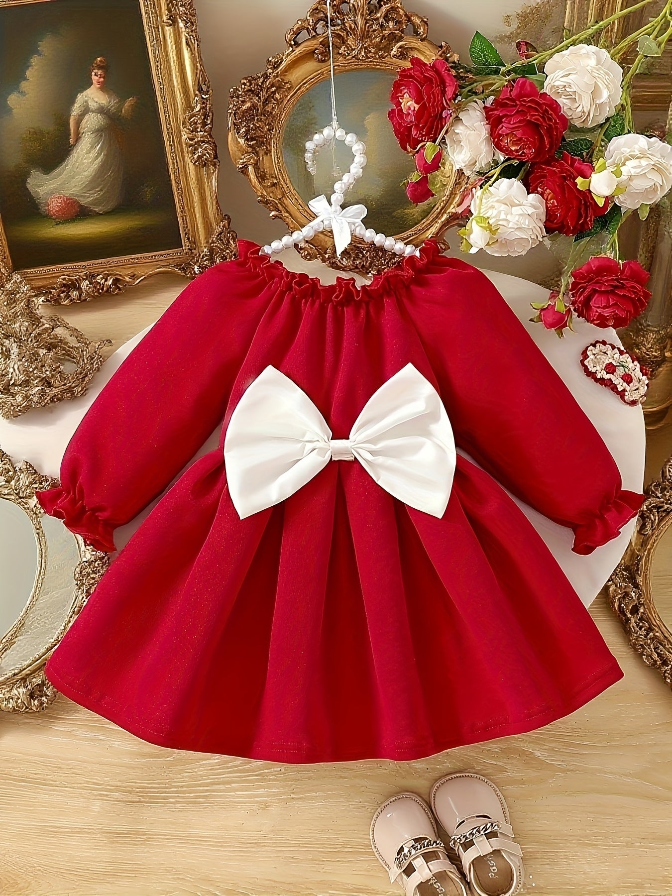 Girls' Long Sleeve Party Dress - Winter Formal & Everyday Outfit, Machine Washable Toddler & Baby Girl Clothing with Front Bow Accent - Rich Red Birthday, Christmas, Photoshoot Dress